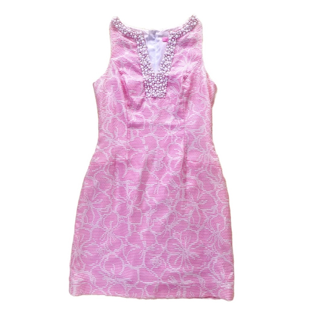 Lilly Pulitzer Pink & White Stripe Jacquard White Beaded Dress
